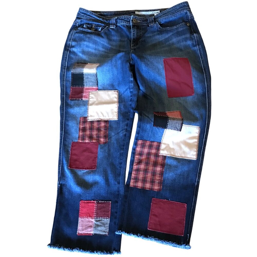 Upcycled Patchwork Jeans, Cropped Denim Pants Plaid Autumn Theme Junior Size 12